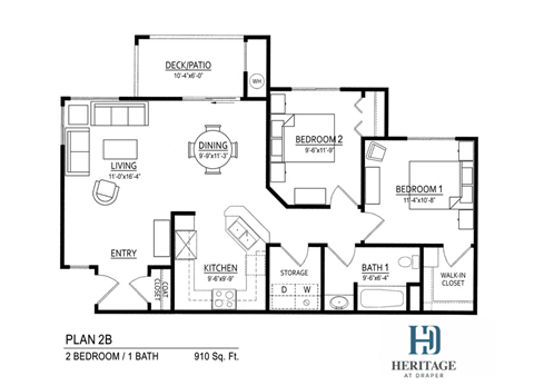 Floor plan for 2 beds, 1 bath, 910 sqft